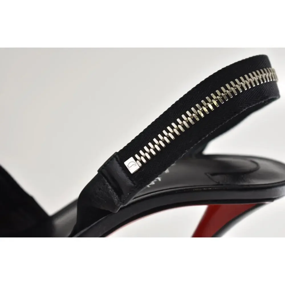 Christian Louboutin Slingyzip 100 Black Leather Zipper Slingback Heel Pump 38